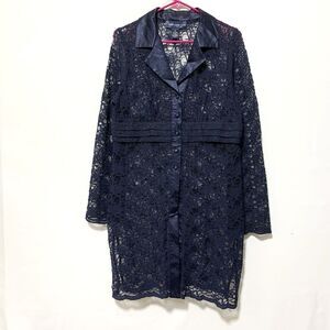 Susan Graver Size M Long Sleeve Navy Blue Lace Long Line Jacket Button Front